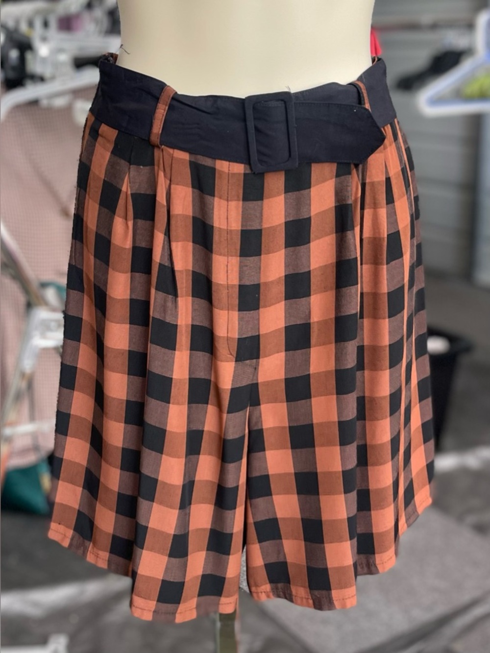 Vintage - My Michelle Black and Rust Plaid Pleated Shorts
